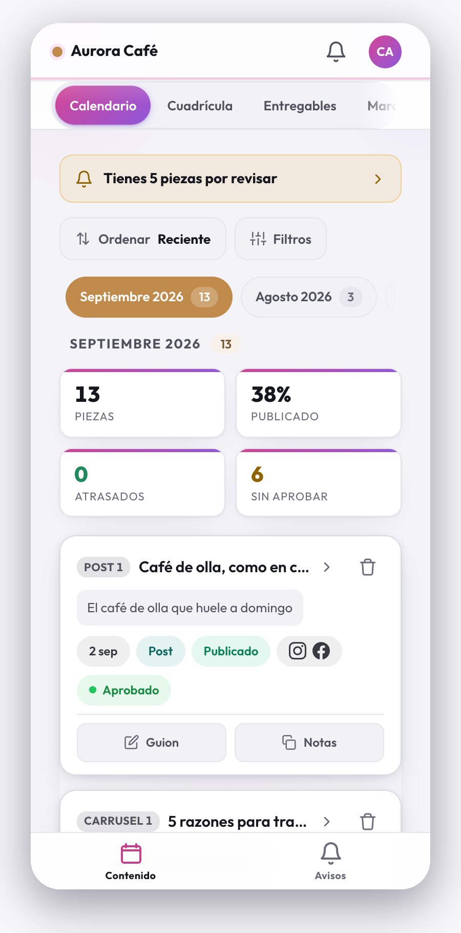 Vista del cliente con el aviso de piezas por revisar