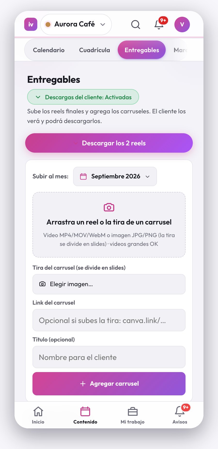 Entregables del mes con los reels listos para descargar