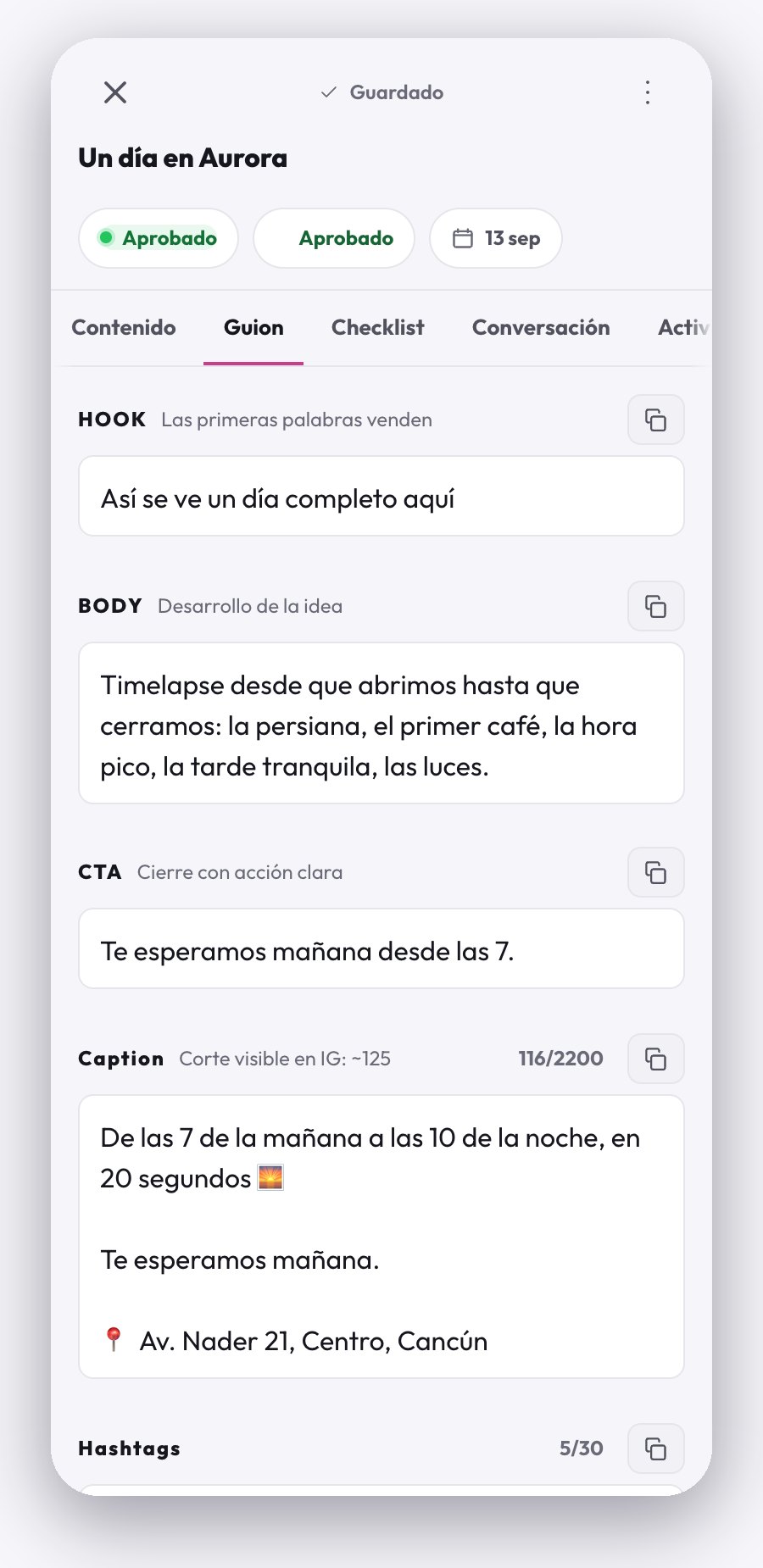Guion de una pieza con gancho, desarrollo, llamado a la acción y caption