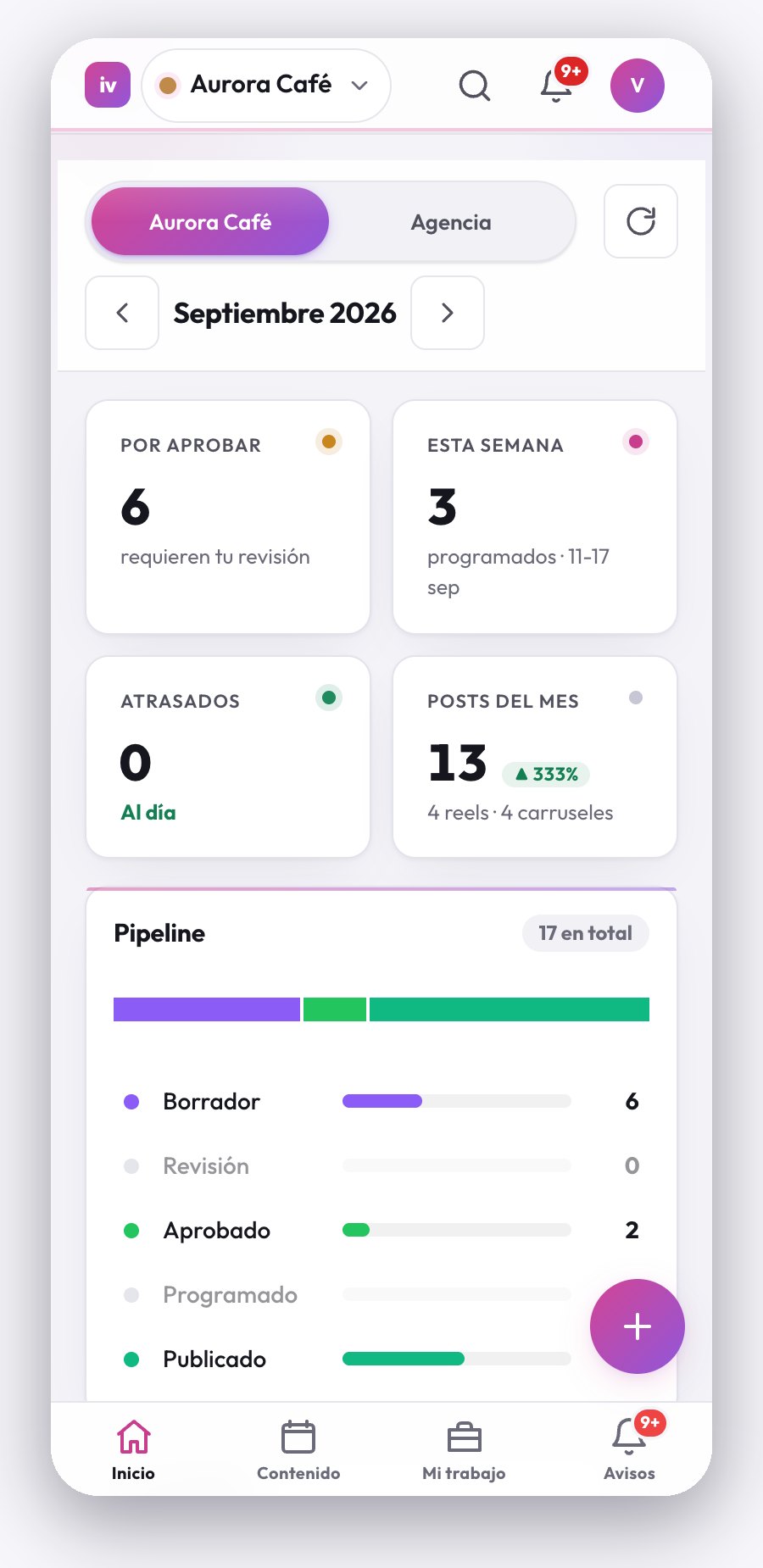 Inicio de la app con piezas por aprobar, de esta semana y atrasadas