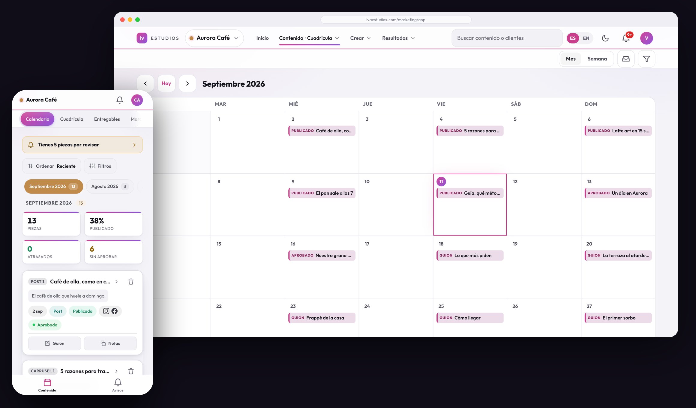 La app IVAE Marketing en computadora y en teléfono, con el calendario del mes de la marca de ejemplo Aurora Café